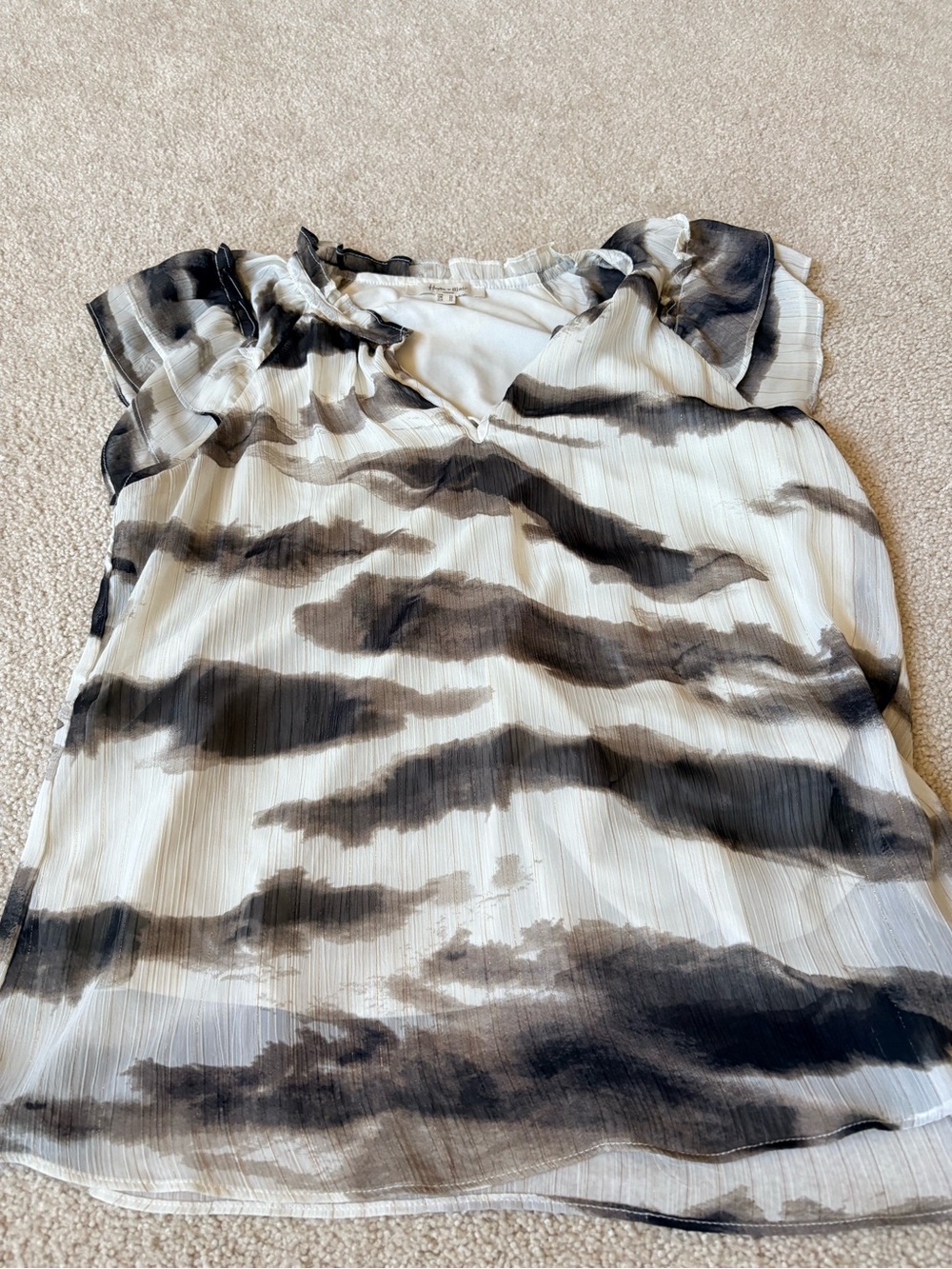 Watercolor Stripe Ruffle-Sleeve Blouse in Black and White